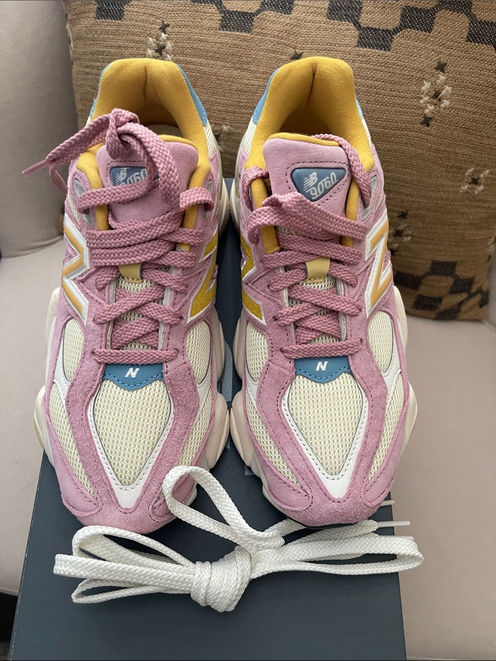 New Balance 9060 Women's Pink Suede & Mesh Sneakers with Yellow and Blue Accents - Picture 2 of 5